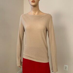 DONNA KARAN, LONG SLEEVE TAN SILK TOP, SIZE LARGE (NWT)
